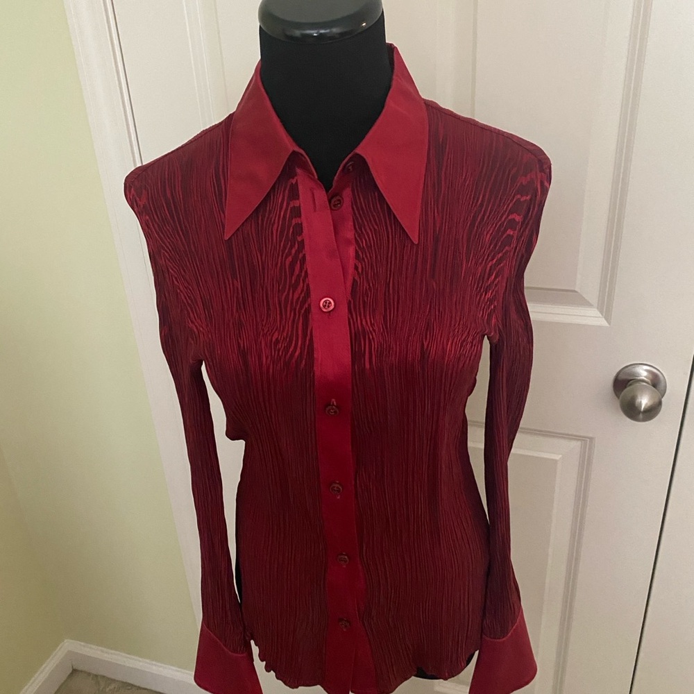 Escada Red Ribbed Button Down Shirt with Notched Collar